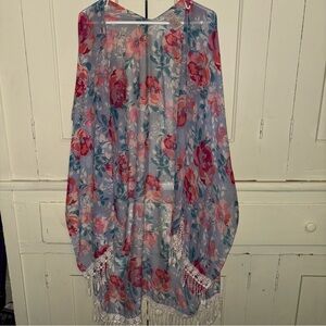 Time and Tru Floral Kimono with Fringe